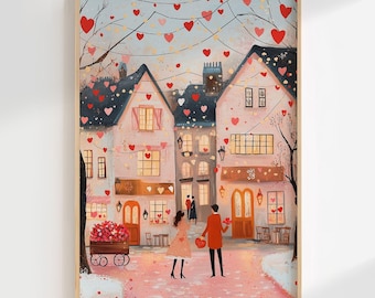 Printable Valentines Day Couple Wall Art, Romantic Valentines Town Print, Love Art, Anniversary Gift, Wedding Decor, Digital Download