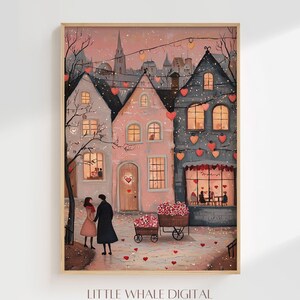 Valentines Day Couple Print, Printable Valentines Town Wall Art, Romantic Love Art, Anniversary Gift, Wedding Decor, Digital Download