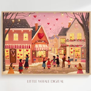 Romantic Valentines Day Town Wall Art, Cute Horizontal Valentine Town Print, Pink Love Art, Wedding Decor, Anniversary Gift