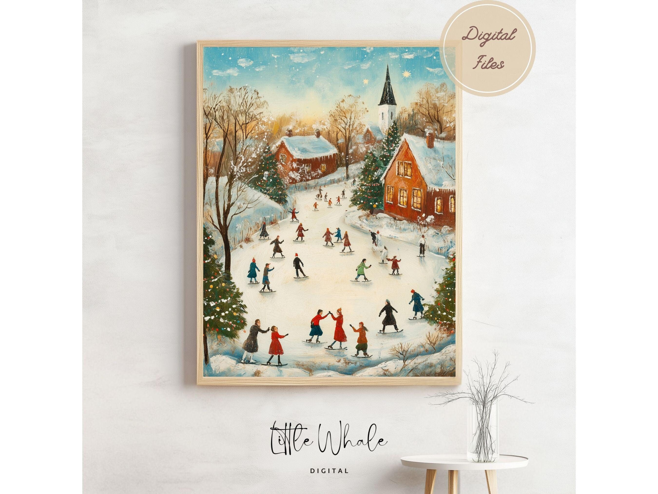 Christmas Skating Scene Wall Art, Festive Winter Printable Decor, Holiday Home Art, Ice Skating People Print, Perfect Christmas Gift