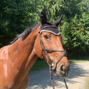 Ready to Ship - Custom Fly Bonnet / Fly Veil / Ear Bonnet - Black with Rhinestone & Grey Picot Scallop Trim - Full