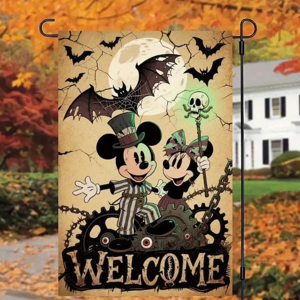 Halloween Welcome Mickey and Minnie Mouse Garden Flag