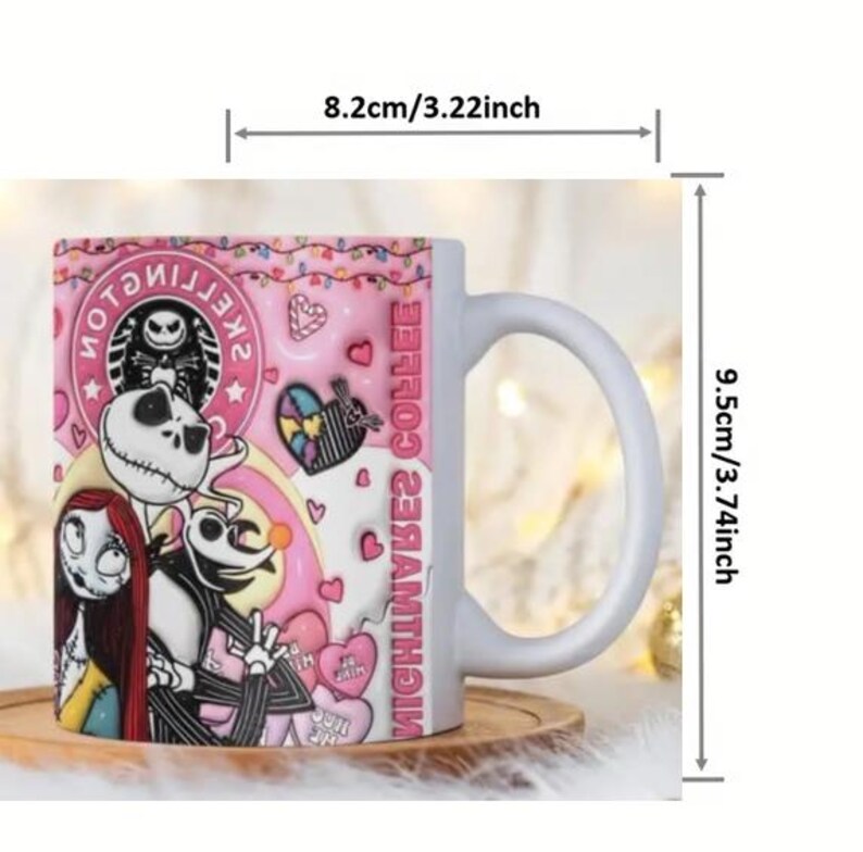 May include: A pink ceramic coffee mug with a graphic of Jack Skellington and Sally from the Nightmare Before Christmas movie. The mug is 9.5 inches tall and 8.2 inches wide. The text "Nightmare's Coffee" is printed on the mug.