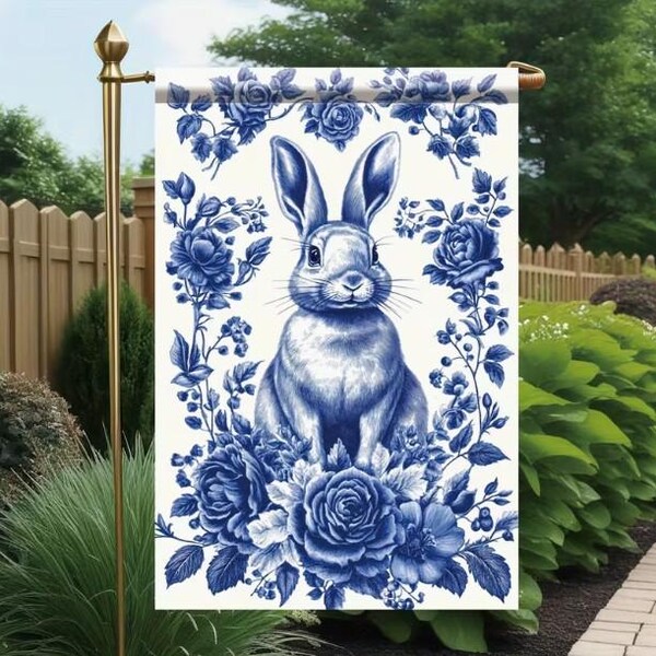 Easter Spring Vintage Style Blue and White Rabbit Garden Flag