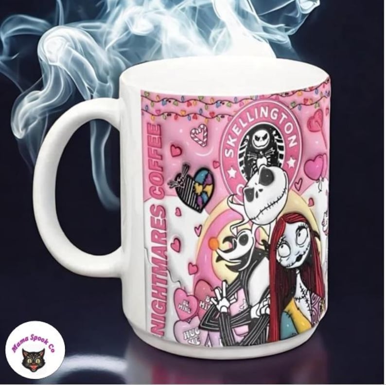 May include: A white ceramic coffee mug with a pink and white design featuring Jack Skellington and Sally from The Nightmare Before Christmas. The mug has the text "Nightmare Coffee" and "Skellington" on it.