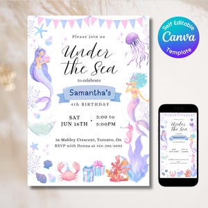 EDITABLE Under The Sea Birthday Invitation | Mermaid Party Invite | Digital Birthday Invitation for Girls | Personalized Birthday Invite