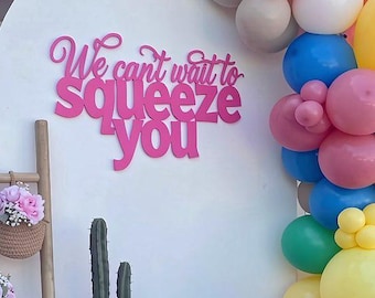 We Cant Wait To Squeeze You Sign Baby Shower Wooden Backdrop