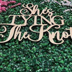 Puede incluir: Un letrero de madera con la frase "She's Tying The Knot" en fuente cursiva, sobre un fondo de follaje verde. Cintas rizadas rosas y blancas acent&uacute;an la escena, sugiriendo un evento festivo.