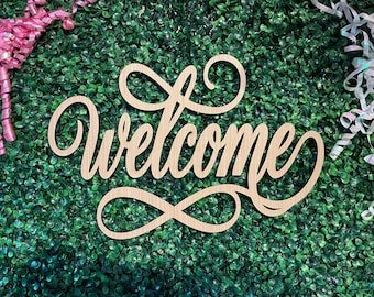 Elegant Welcome Sign Wood Cursive Script Infinity Loop Door Hanger