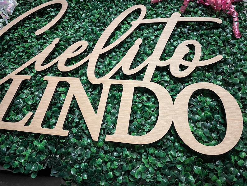 May include: Wooden sign with the words "Cielito Lindo" in a cursive font and block letters. The sign is made of light-colored wood and is set against a backdrop of green foliage. Decorative pink ribbons are visible in the background.