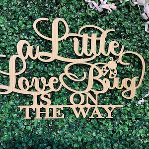 May include: Wooden sign with the words "A Little Love Bug Is On The Way" in a cursive font. A ladybug with heart-shaped spots is featured. The sign is set against a backdrop of green foliage and decorative ribbons.