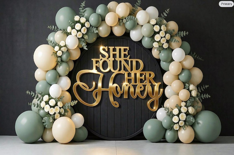 K&ouml;nnte beinhalten: Ein runder schwarzer Holzhintergrund mit dem goldenen Schriftzug SHE FOUND HER HONEY, umrahmt von einem Bogen aus salbeigr&uuml;nen und cremefarbenen Luftballons, durchsetzt mit kleinen wei&szlig;en Bl&uuml;ten und gr&uuml;nen Eukalyptusbl&auml;ttern.