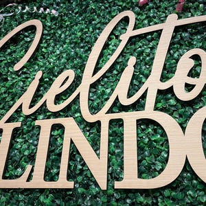 May include: Wooden sign with the words "Cielito Lindo" in a cursive and block font. The sign is light brown and set against a backdrop of green foliage. Decorative ribbons are visible in the upper left and right corners.