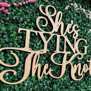 Puede incluir: Letrero de madera con la frase "She's Tying the Knot" en fuente cursiva. El letrero es de madera clara y est&aacute; sobre un fondo de follaje verde. Cintas rosas y blancas en el fondo.