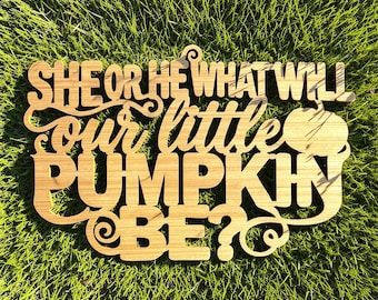 May include: A light brown wooden cutout sign featuring the text "SHE OR HE WHAT WILL OUR LITTLE PUMPKIN BE?" with a small pumpkin graphic integrated into the design. The lettering is connected in a script and block font style with decorative swirls.