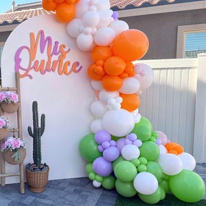 Op de afbeelding: Een witte boogvormige achtergrond toont de tekst Mis Quince in oranje en roze. Een ballonslinger in oranje, wit, groen en paars loopt langs de zijkant. Een houten ladder bevat drie gevlochten manden met roze bloemen en een cactus in een pot.