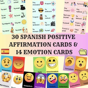 30 tarjetas de afirmaciones positivas en español y 14 tarjetas de emociones en español: aprenda español y fomente el amor propio/ Estudiantes de español en la escuela/ Archivo digital