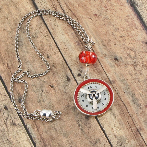 Steampunk Watch Face Spinning Propeller Necklace, Found Object Jewelry, Art Jewelry Necklace, Lampwork Bead, Silver, White & Red Necklace