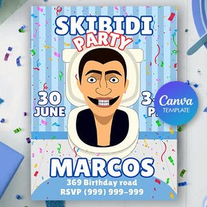 Invito per la festa dei ragazzi del bagno Skibidi - Modello modificabile Canva, download digitale, festa dei ragazzi del bagno Skibidi