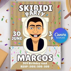 Invito alla festa del bagno Skibidi - Modello modificabile Canva, download digitale, festa del bagno Skibidi