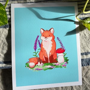 Red Fox Art Print | Cottagecore Art, Fox Art, Fox Print, Fox Illustration, Mushroomcore, Animal Wall Art, Floral Fox Art