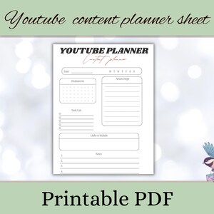 YouTube Content Planner sheet - Printable PDF 8.5 x 11 for content creators