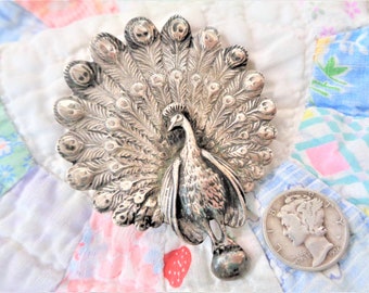 1940's Vintage Signed Guglielmo Cini Solid Sterling Silver Peacock Brooch/Pin