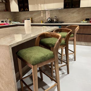 Solid Walnut Bar Stool with Olive Green Upholstered Seat | Handmade Wooden Counter Stool | Luxury Kitchen Island Chair | Custom Furniture