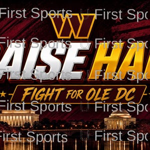 May include: A graphic design featuring the text RAISE HAIL in white and gold, with the text FIGHT FOR OLE DC below it. The background displays the Washington Monument and the U.S. Capitol building in a dark red, burgundy, and gold colour scheme.