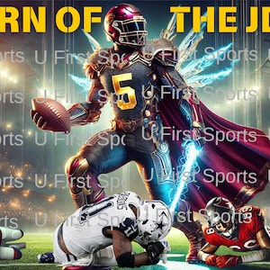 May include: A digital illustration of a football player in a superhero costume with a cape and lightning bolts. The player is wearing a gold jersey with the number 5 on it. The background is a football stadium with other players in the background. The text "RETURN OF THE JEDI 5" is at the top of the image.
