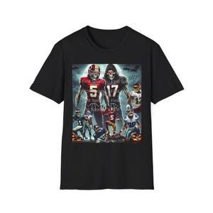 May include: Black t-shirt with a graphic of American football players depicted as skeletons. The image includes the numbers 5 and 17, and the text "First Sports". The design has a Halloween theme.