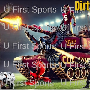 May include: A digital illustration of a military tank with a red, white and gold colour scheme. The tank is decorated with a bird and the text "Dirty Birds".