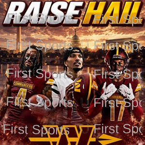 May include: A digital poster featuring three football players in burgundy and gold uniforms with the text RAISE HAIL at the top. The background displays a sunset view of the Washington D.C. skyline, including the Capitol building and the Washington Monument.