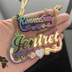 Custom Multicolor Rainbow Acrylic Name Pendant with gold chain