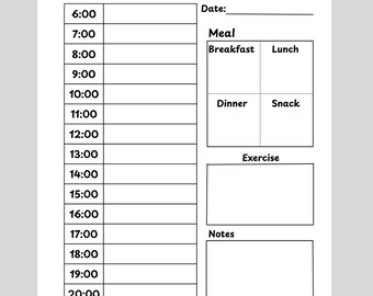 Puede incluir: Un planificador diario imprimible con fondo blanco. El planificador incluye secciones para franjas horarias de 6:00 a 21:00, un horario de comidas, ejercicio y notas. El texto "PRINTABLE PLANNER" y "PDF DOWNLOAD" están arriba y abajo.