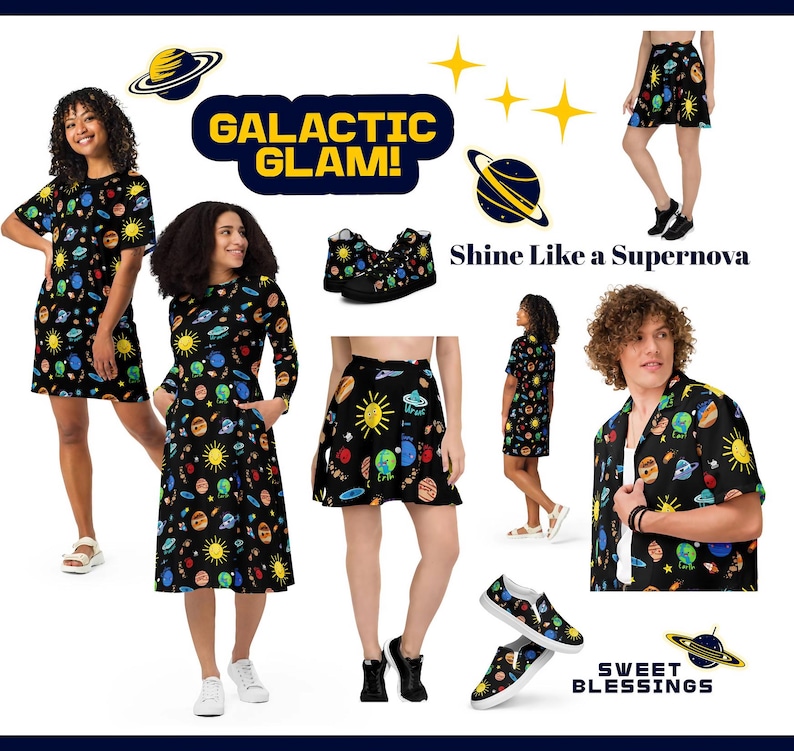 K&ouml;nnte beinhalten: Ein Set aus Kleidung und Schuhen mit einem Weltraum-Motiv mit Planeten, Sternen und einer Sonne. Der Text "Galactic Glam!" und "Shine Like a Supernova" ist im Bild enthalten. Der Text "Sweet Blessings" ist ebenfalls im Bild enthalten.