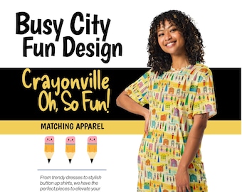 Crayonville Playful Cityscape T-Shirt Dress Ladies Women Teens - Funky Fun Yellow Dress - Preschool Kindergarten Elementary School Teachers