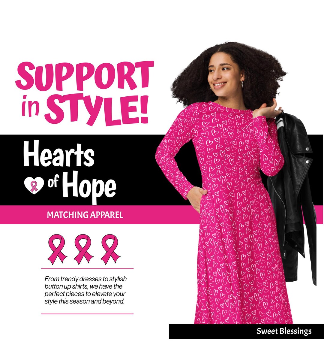 Pink Hearts of Love Breast Cancer Awareness Midi-length Dress