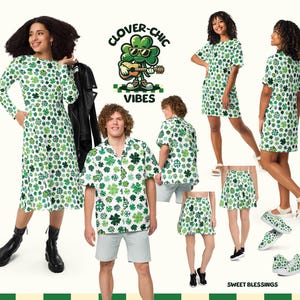 K&ouml;nnte beinhalten: Eine Kollektion von Kleidung mit einem Kleeblatt-Design. Die Kleidung umfasst ein lang&auml;rmeliges Kleid, ein kurz&auml;rmliges Kleid, ein kurz&auml;rmliges Hemd, eine Shorts und einen Rock. Die Kleidung ist alle wei&szlig; mit gr&uuml;nen Kleeblatt-Designs. Das Bild zeigt auch eine Cartoon-Kleeblatt-Figur, die Gitarre spielt, mit dem Text "Clover-Chic Vibes" dar&uuml;ber.