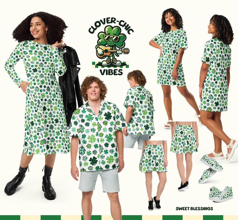 K&ouml;nnte beinhalten: Eine Kollektion von Kleidung mit einem Kleeblatt-Design. Die Kleidung umfasst ein lang&auml;rmeliges Kleid, ein kurz&auml;rmliges Kleid, ein kurz&auml;rmliges Hemd, eine Shorts und einen Rock. Die Kleidung ist alle wei&szlig; mit gr&uuml;nen Kleeblatt-Designs. Das Bild zeigt auch eine Cartoon-Kleeblatt-Figur, die Gitarre spielt, mit dem Text "Clover-Chic Vibes" dar&uuml;ber.