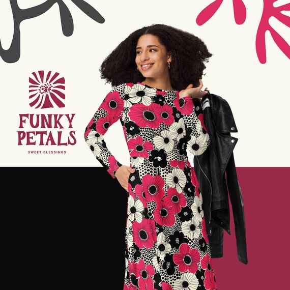 Scarlet Bloom Long-sleeve Midi Dress Ladies Teachers - Chic Black Red White Floral  Dress With Pockets for Office School & Casual Wear - Etsy