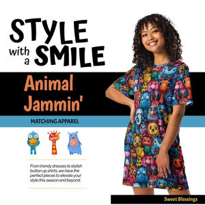 Vestido estilo camiseta con estampado animal para maestras. Vestido divertido y con un toque safari para adolescentes. Colores vibrantes y brillantes. Tema de zoológico.