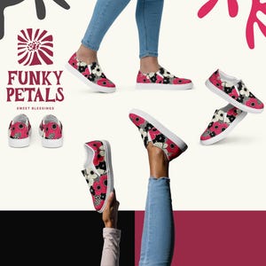 May include: Funky Petals slip-on shoes with a pink and white floral pattern. The shoes are shown on a model wearing blue jeans.