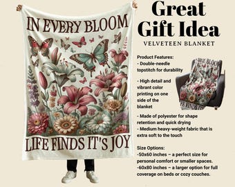 Life Finds Its Joy Velveteen Blanket - Cozy Garden Flowers Butterflies Blanket - Perfect Birthday Gift for Mom Wife Grandmother Daughter