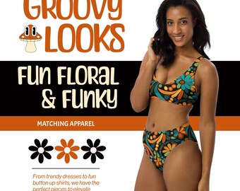 Retro Bloom Vibes High-Waisted Bikini - Groovy Floral Two-Piece Swimsuit - Vintage Boho Swimwear for Summer Beach Vacations