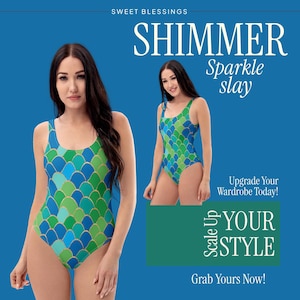 Può includere: Sfondo blu con due donne che indossano un costume da bagno intero. Il costume da bagno ha un motivo a scaglie nei toni del blu, verde e oro. Il testo sull'immagine recita "SHIMMER, Sparkle slay, Upgrade Your Wardrobe Today!, YOUR STYLE, Grab Yours Now!"