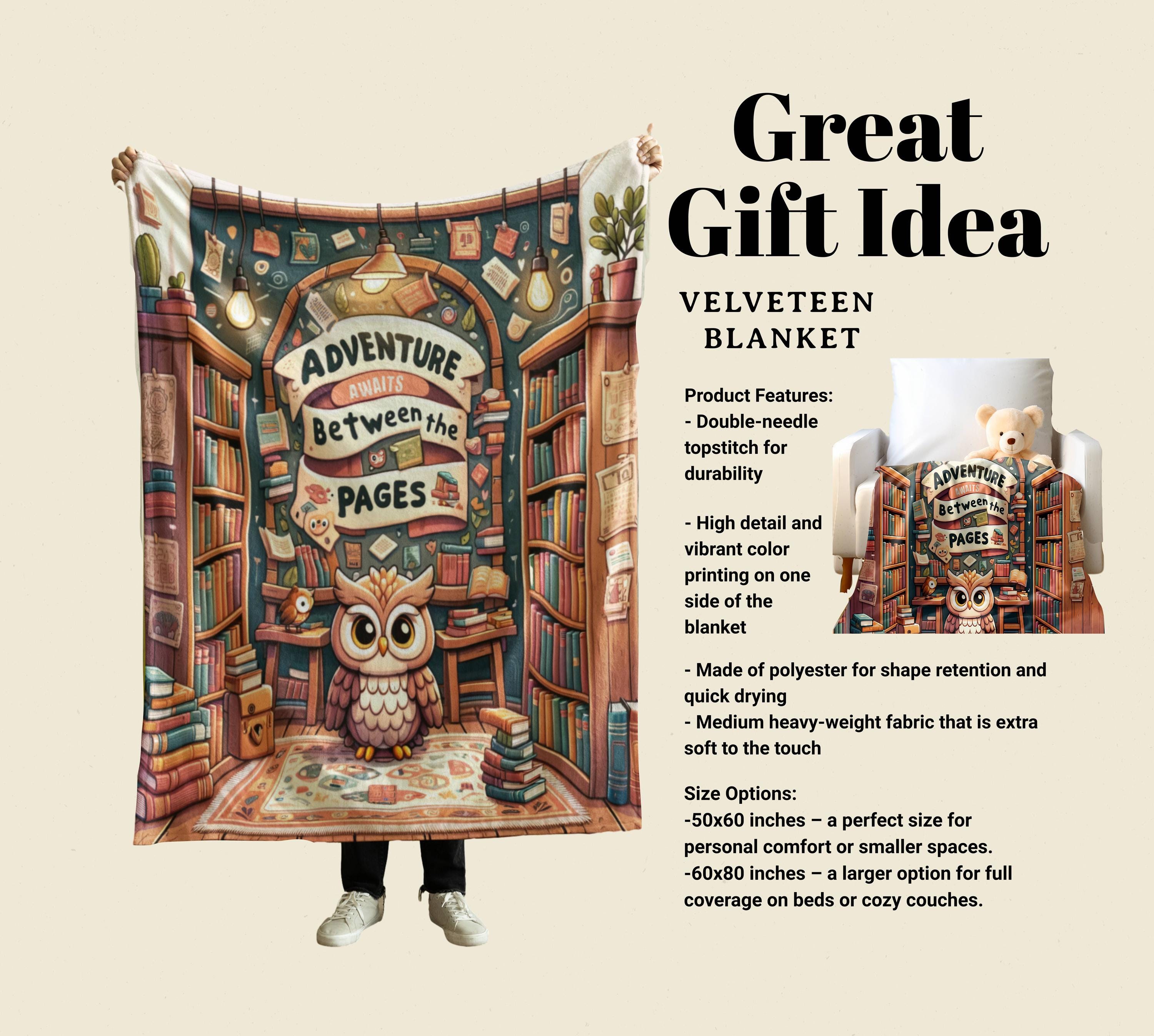 Owl Lovers Velveteen Blanket | Whimsical Adventure Awaits Between Pages Book Lovers Teachers Blanket