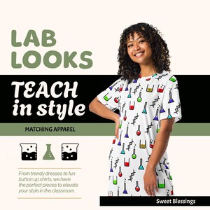 Trendy Science Teacher STEM T-Shirt Dress Ladies Teens – Chemistry Beakers DNA Labs Science Fair -Back to School Teacher Dresses for Her