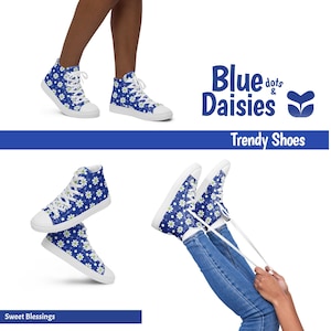 Cottage Chic Retro Daisy High-Tops Royal Blue Canvas Shoes Ladies Women Teens -Bride Shoes for Wedding – Teacher Shoes for School