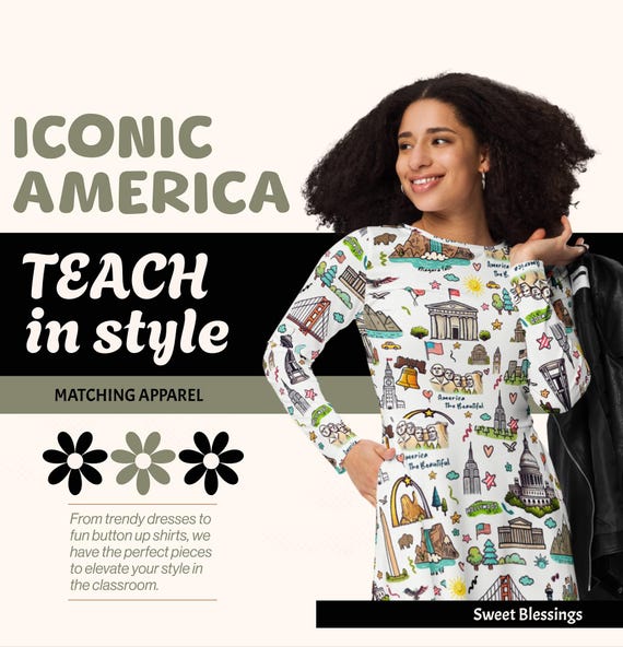 America the Beautiful Teacher Dresses - National Landmarks Washington DC Niagara Falls - Kindergarten Elementary Long Sleeve Teachers Dress America the Beautiful Teacher Dresses - National Landmarks Washington DC Niagara Falls - Kindergarten Elementary Long Sleeve Teachers Dress
